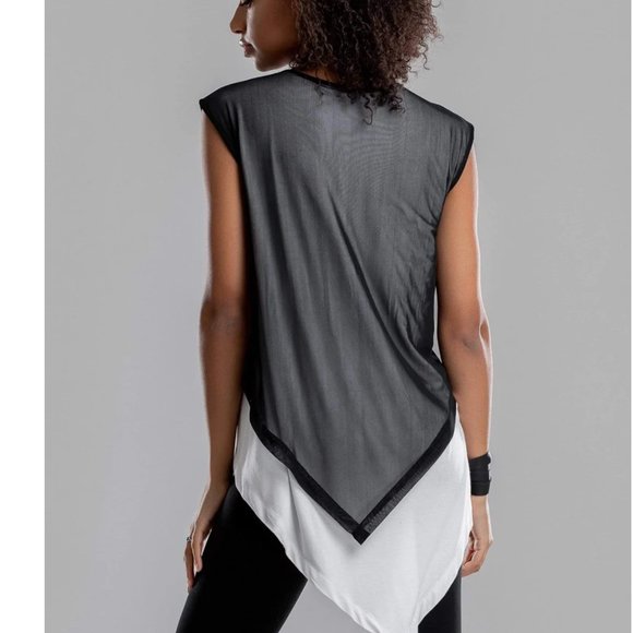 Mdnt45 - ASYMMETRICAL WHITE SHIRT WITH BLACK MESH (NEW), fits large - Picture 2 of 5